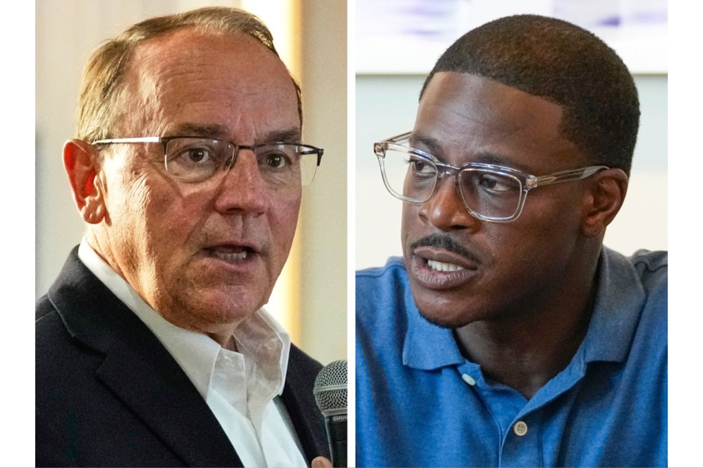 Wisconsin gubernatorial candidates Republican Tom Tiffany, left, and Democrat David Crowley, right.