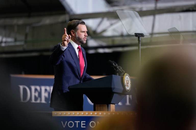 Vice President JD Vance speaks at a midterm campaign rally at the LevelUp Training Complex in Monroe, Mich., Thursday, Oct. 15, 2026. (Daniel Heuer/Pool Photo via AP)