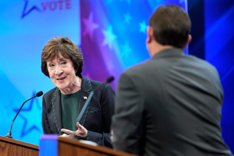 Sen. Susan Collins (R) looks to Troy Jackson (D) as he answers a question during the final Maine U.S. Senate debate in Bangor, Maine, on Thursday, Oct. 15, 2026. (Gregory A. Rec/Portland Press Herald via AP, Pool)