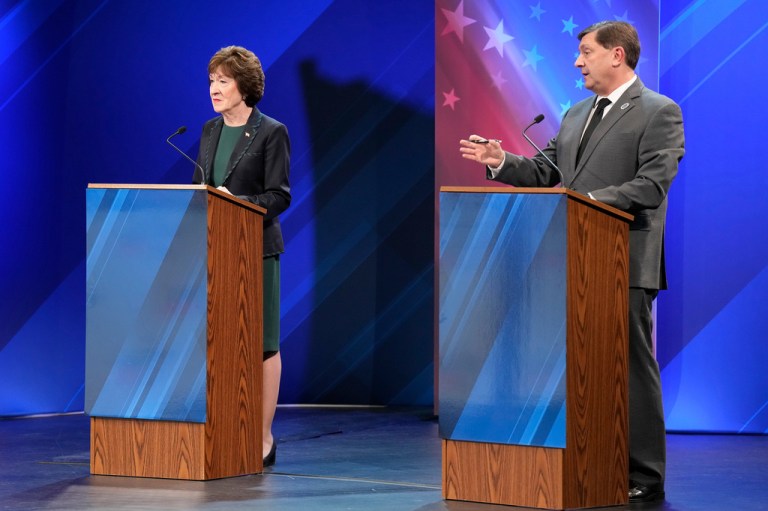 Sen. Susan Collins (R) looks to Troy Jackson (D) as he answers a question during the final Maine U.S. Senate debate in Bangor, Maine