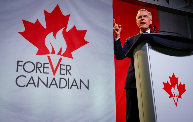 Canada's Prime Minister Mark Carney attends a Forever Canadian rally in Calgary, Alberta