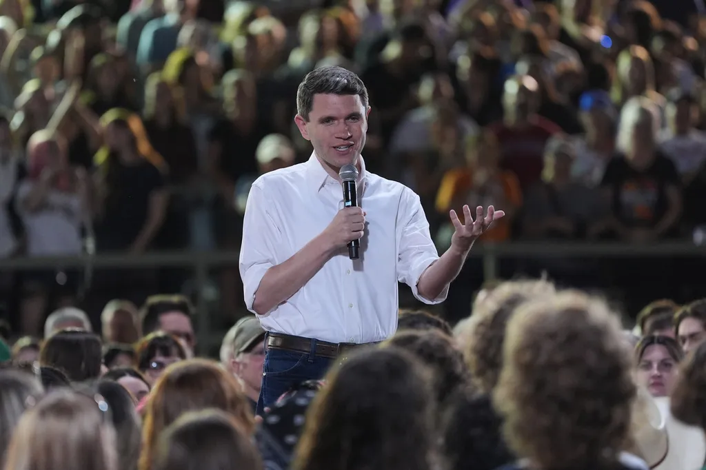 Texas Democratic Senate nominee James Talarico speaks during a campaign event