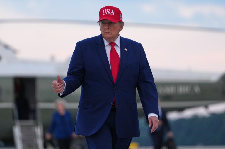 President Donald Trump walks from Marine One to board Air Force One, Friday, Oct. 16, 2026, at Dobbins Air Reserve Base, Ga. (AP Photo/Mark Schiefelbein)