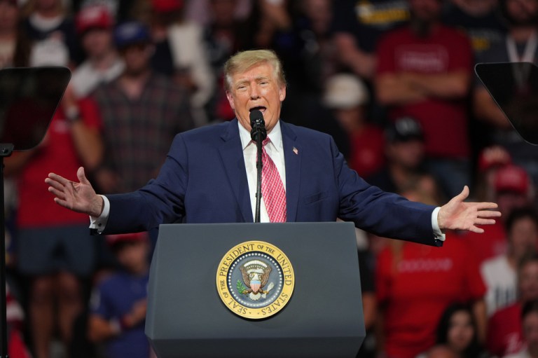 President Donald Trump speaks at a campaign rally.