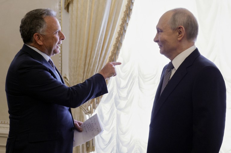 President Donald Trump's special envoy Steve Witkoff, left, gestures during his meeting with Russian President Vladimir Putin at the Konstantin Palace in Strelnya, outside St. Petersburg, Russia, on Wednesday, Oct. 21, 2026. (Gavriil Grigorov, Sputnik, Kremlin Pool Photo via AP)
