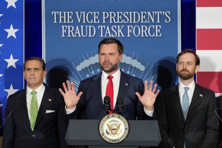 Vice President JD Vance went after the Republicans criticizing an ad supporting Ohio's Republican gubernatorial nominee Vivek Ramaswamy that features the mother of his opponent. (AP Photo/Jacquelyn Martin, Pool)