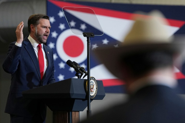 Vice President JD Vance speaks during a campaign rally at the Sharonville Convention Center in Ohio.