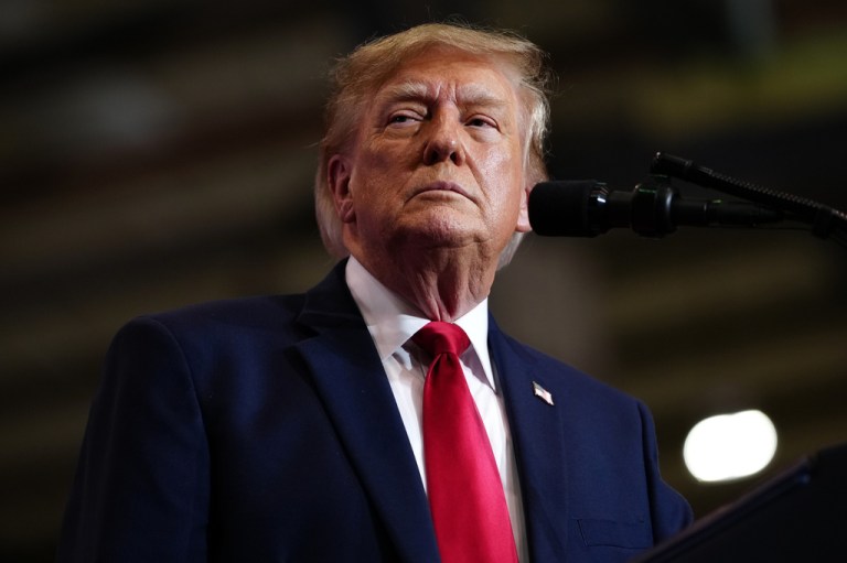 President Donald Trump defended Ohio's Republican gubernatorial nominee Vivek Ramaswamy Thursday, urging him to keep running an ad featuring the estranged mother of his opponent, Amy Acton. (AP Photo/Julia Demaree Nikhinson)