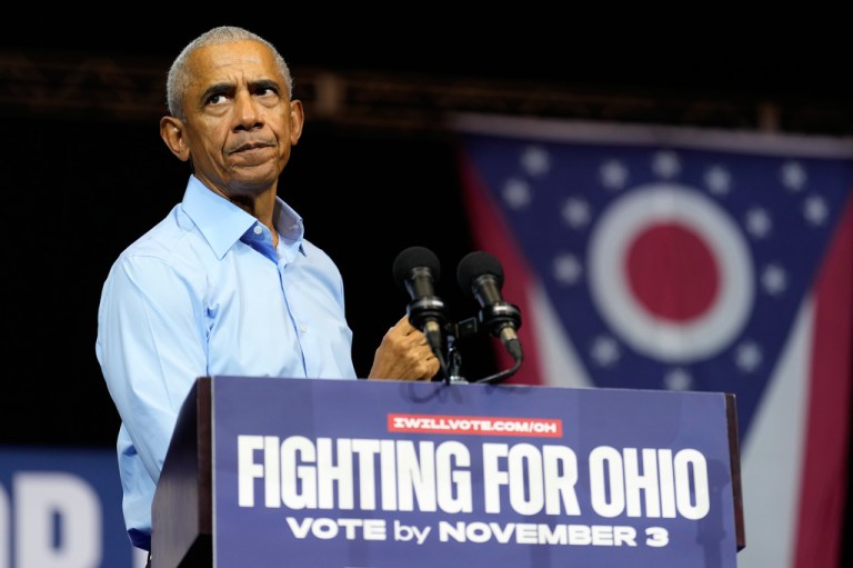 Former President Barack Obama speaks during a campaign rally.