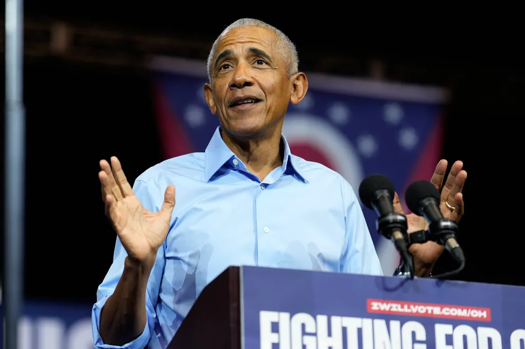 Former President Barack Obama speaks during a campaign rally for Democratic Ohio Senate candidate Sherrod Brown, Saturday, Oct. 24, 2026, in Cleveland.