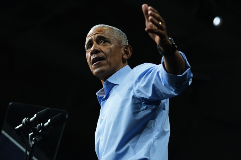 Former President Barack Obama, speaks to supporters during a campaign rally at Cass Technical High School Saturday, Oct. 24, 2026, in Detroit.