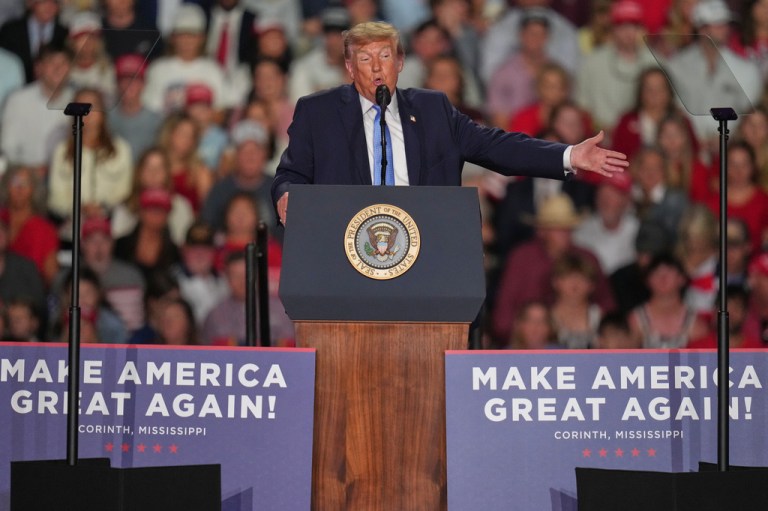 President Donald Trump speaking at a campaign rally.