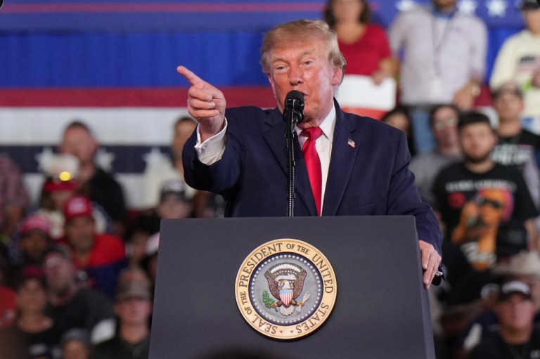 President Donald Trump speaks during a campaign rally.