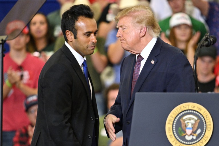 President Donald Trump greets Republican gubernatorial candidate Vivek Ramaswamy at a campaign rally at the Shoemaker Center at Ohio University Chillicothe in Chillicothe, Ohio, Wednesday, Oct. 28, 2026.