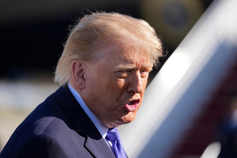 President Donald Trump speaks with reporters before boarding Air Force One, Thursday, Oct. 29, 2026, at Joint Base Andrews, Md.