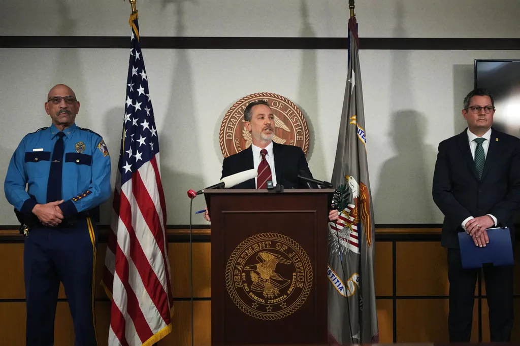 U.S. Attorney for the District of Alaska Michael J. Heyman holds a news conference on a criminal investigation related to an alleged scheme to confuse voters by putting a Senate candidate on the ballot with the same name as the Republican incumbent, at the James M. Fitzgerald U.S. Courthouse and Federal Building, Friday, Oct. 30, 2026, in Anchorage, Alaska.