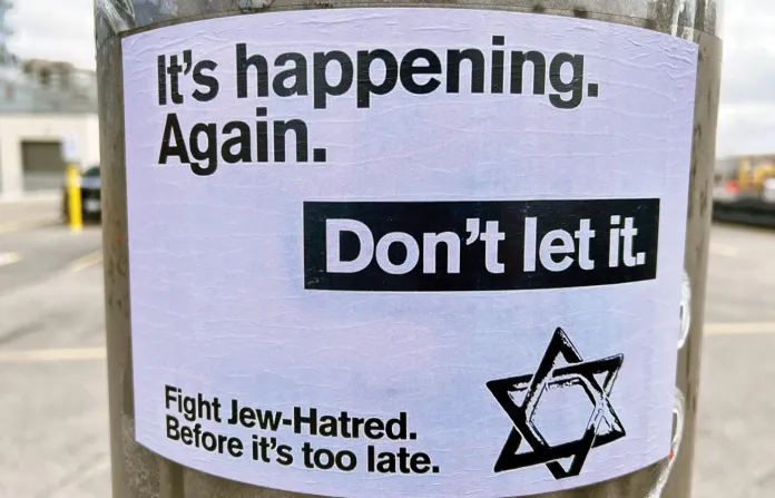 A poster against antisemitism in Markham, Ontario, Canada, March 22, 2025. (Creative Touch Imaging Ltd./NurPhoto /Getty)