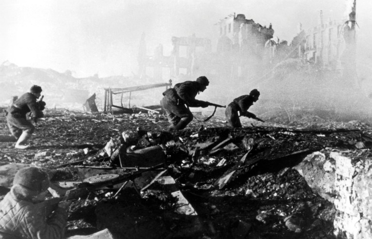 Resilience, Soviet-style: Red Army troops storm an apartment block among the ruins of war-torn Stalingrad, 1941.