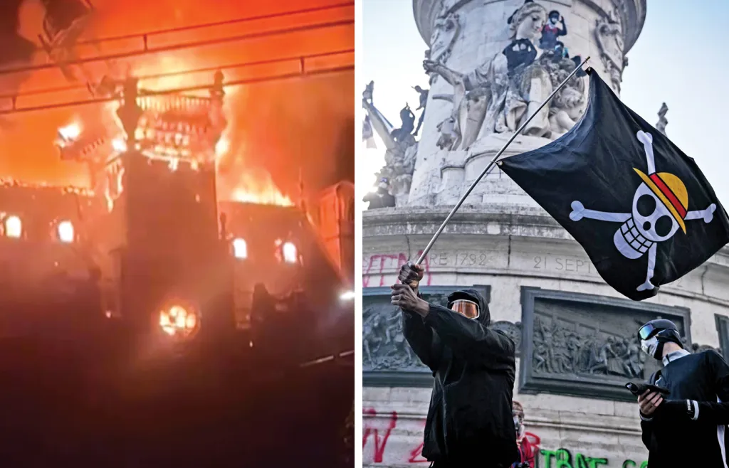 Left to right,  flames engulf the 19-century city hall in Limoges in central France; a rioter in Paris waves a skull-and-crossbones flag. (Lucas Destrem/AP; Firas Abdullah/Anadolu/Getty)