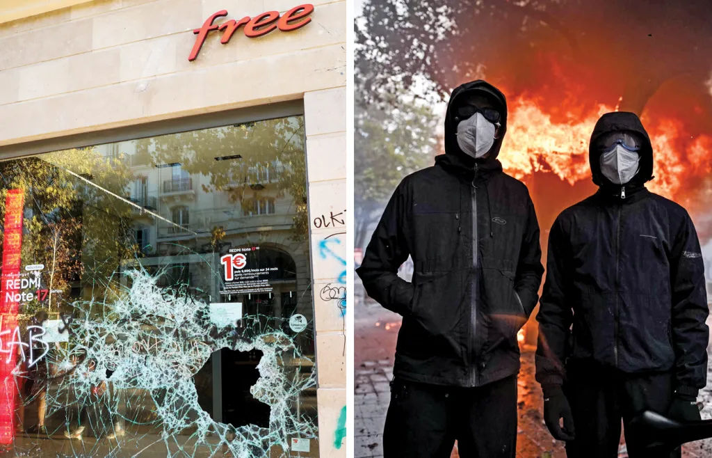 Left to right, the front of a looted ‘Free’ store in the southern France city of Marseille; Rioters pause for a photographer in central Paris, Oct. 17, 2026. (Denis Thaust/SOPA Images/LightRocket/Getty Images; Firas Abdullah Anadolu/Getty)