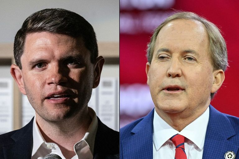 Democratic candidate for US Senate James Talarico and Texas Attorney General Ken Paxton. (Photos by Ronaldo Schemidt and Mandel Ngan / AFP via Getty Images)