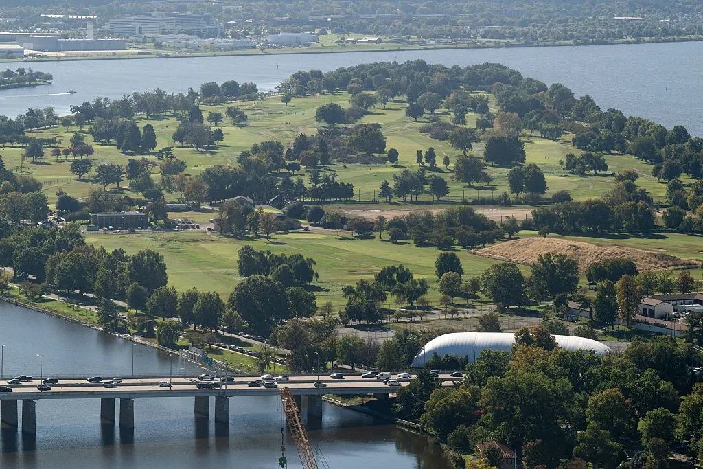 East Potomac Golf Links and Hains Point, which President Donald Trump has targeted for a renovation, as seen from the top of the Washington Monument in Washington, D.C., on October 22, 2026. (Saul Loeb / AFP via Getty Images)