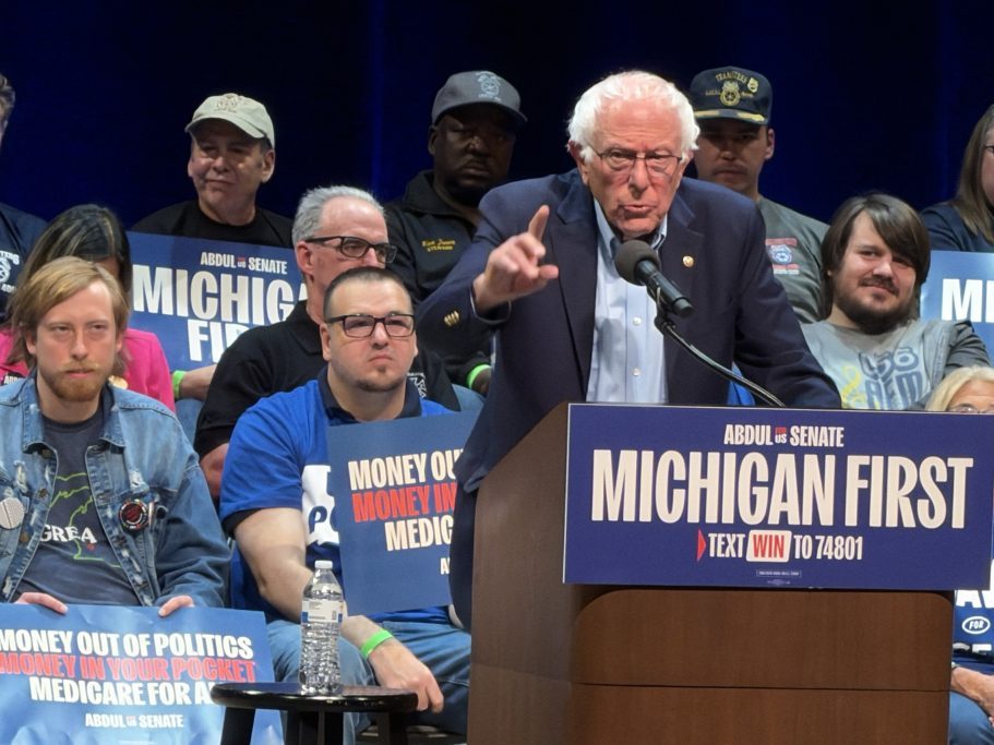 Sen. Bernie Sanders (I-VT) speaks to a crowd of supporters in Grand Rapids, Michigan on Sunday, Oct. 25, 2026. He was speaking at a rally for Michigan Senate candidate Abdul el Sayed.