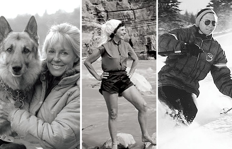 Left to right, Dr. Anne LaBastille is shown with dog, Condor, in the Adirondacks in 1985; Georgie White stands on rocks in the Colorado River; Dolores LaChapelle on the slopes in Alta, Utah, in the early 1960s. (AP photo; Josef Muench/Northern Arizona University/Courtesy of the National Park Service; WildSnow History Archive)