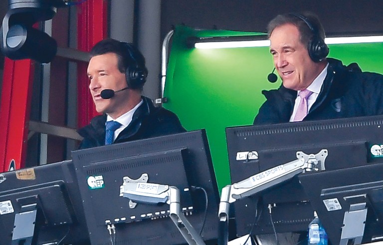 CBS broadcasters Tony Romo, left, and Jim Nantz call the NFL football wild card playoff game between the Buffalo Bills and the Denver Broncos on Jan. 12, 2025. (Adrian Kraus/AP)