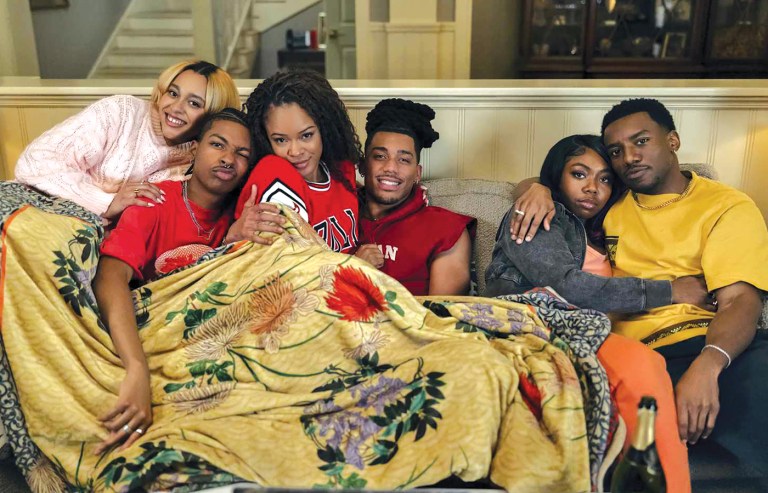 Kennedi Reece as Hazel, Jordan Aaron Hall as Amir, Maleah Joi Moon as Deborah, Cornell Young IV as Shaquille, Alijah Kai as Rashida, and Chibuikem Uche as Kojo in "A Different World." (Courtesy of Netflix)