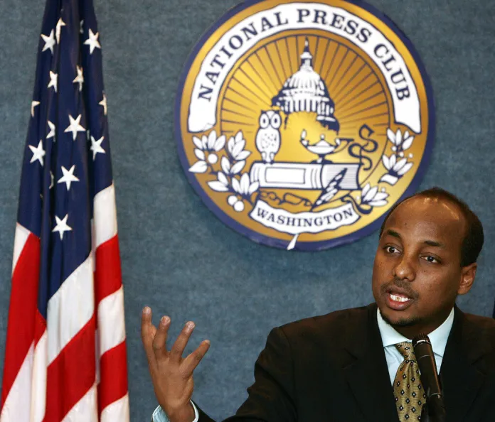 Omar Jamal, executive director of the Somali Justice Advocacy Center in St. Paul, Minn., meets reporters at the National Press Club in Washington, Tuesday, Feb. 15, 2005. (AP Photo/Haraz Ghanbari)