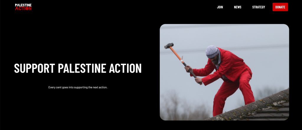 A "Palestine Action Global" website claiming to be separate from Palestine Action in the U.K. solicits money for violent "direct action" demonstrations. (Image credit: Palestine Action Global)