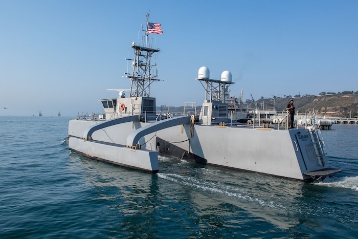 Seahawk, a Medium Unmanned Surface Vessel prototype, departs Naval Base Point Loma, California, Aug. 6. Seahawk is a fully unmanned and autonomous vessel operated by Unmanned Surface Vessel Squadron 1 and Naval Information Warfare Center Pacific in support of technology development, testing and evaluation.