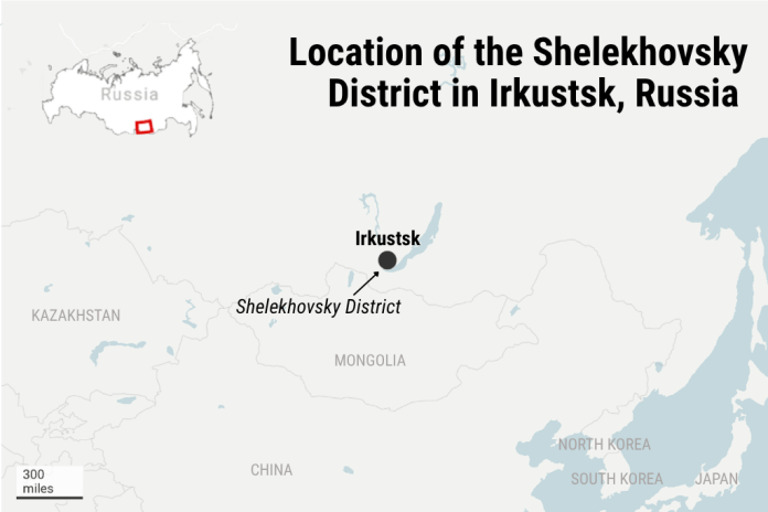Map showing the location of the Shelekhovsky District in Irkutsk, Russia. 