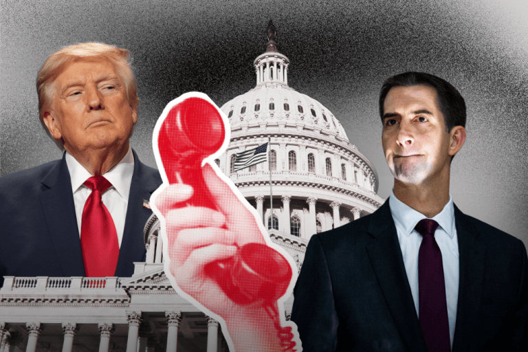 Graphic of a red landline phone receiver between President Donald Trump, left, and Sen. Tom Cotton in front of the Capitol Building in Washington D.C. (R-AK)(Graphic by Christine Valora/Washington Examiner; photos by AP)