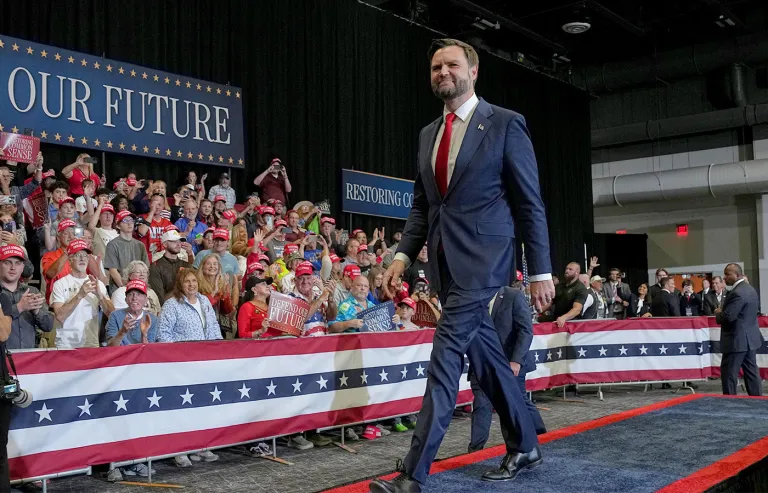 Vice President JD Vance walks at the conclusion of a campaign event at the Sharonville Convention Center in Sharonville, Ohio, on Oct. 21. (Jacquelyn Martin/POOL via AP)