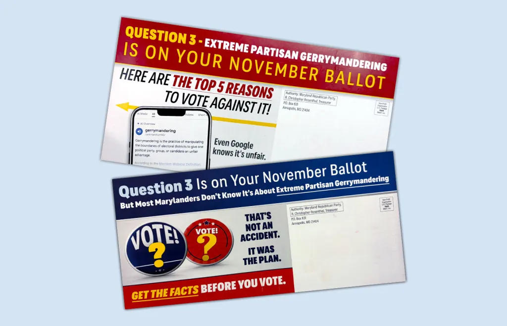 The Maryland Republican Party sent mailers opposing the Question 3 ballot measure to Maryland voters.