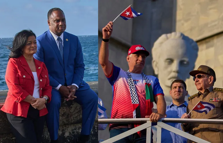 Left: Rep. Pramila Jayapal (D-WA) and Rep. Jonathan Jackson (D-IL) pose for photojournalists at the Malecon in Havana on April 4. State Secretary Marco Rubio strongly opposed the Democrats’ outreach to Cuba. Right: From left to right: Cuban President Miguel Díaz-Canel, Raúl Guillermo Rodríguez Castro, and his grandfather, former Cuban President Raúl Castro (Photos by Ramon Espinosa/AP)