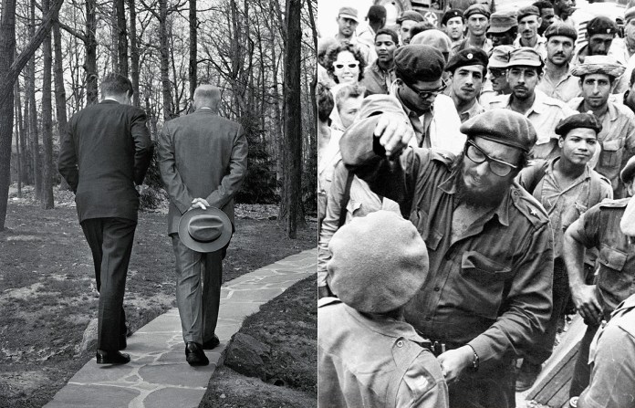 Left: President John F. Kennedy (left) walks along a path at Camp David in Maryland with former President Dwight D. Eisenhower as the two met to discuss the Bay of Pigs invasion on April 22, 1961. Right: Fidel Castro (center) with members of the Revolutionary Armed Forces at his base of operations in Jaguey Grande, Cuba, during the Bay of Pigs invasion in April 1961. (Paul Vathis/AP; AP photo)
