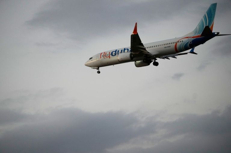 A FlyDubai plane carrying Israeli passengers who had earlier been aboard another FlyDubai aircraft that made an emergency landing in Saudi Arabia approaches Ben Gurion International Airport near Tel Aviv, Israel.