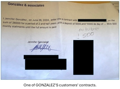 Jennifer Gonzalez allegedly accepts a $3,000 down payment and directs a customer to sign a “loan” contract to conceal a sham marriage arrangement.