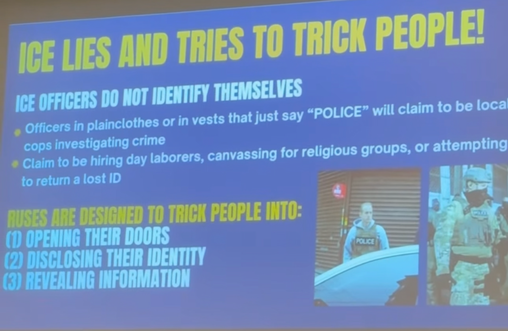Slide during ICE Out training in Philadelphia warning attendees about ICE's alleged deceitful tactics.