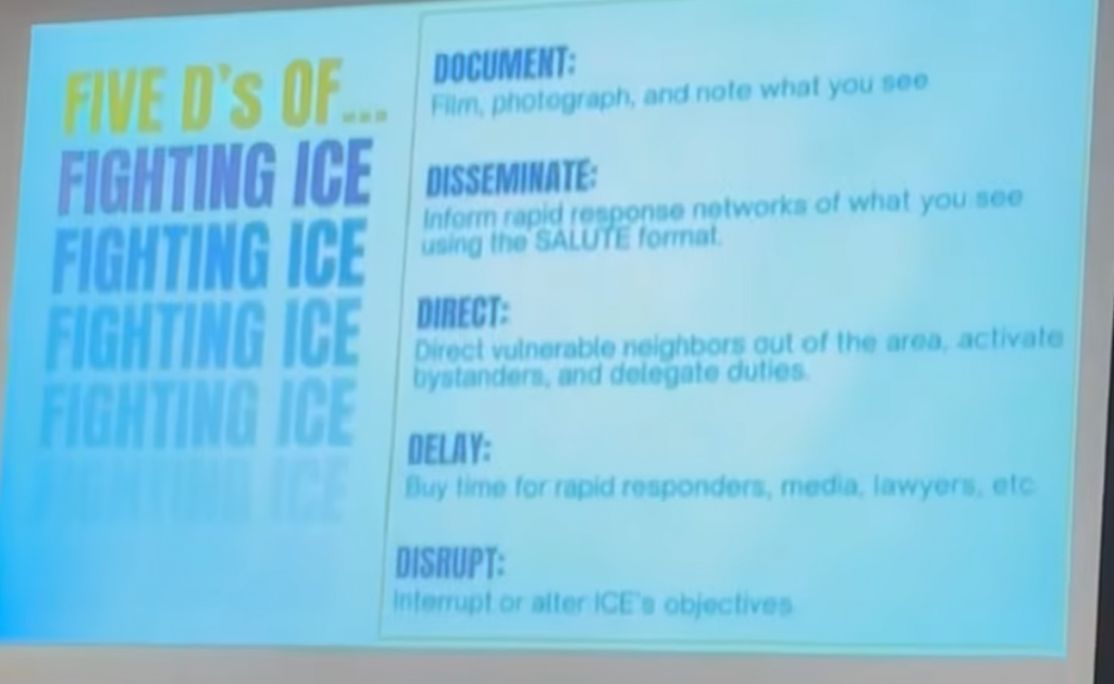 Slide presented during ICE Out training in Philadelphia: The Five D's of Fighting ICE (Photo: Christopher Tremoglie)