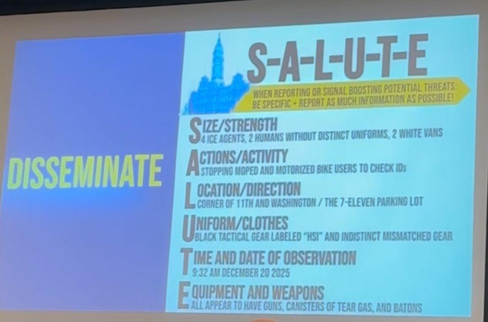 An ICE Out training in Philadelphia describes the S.A.L.U.T.E. methodology activists are supposed to use (Photo: Christopher Tremoglie)