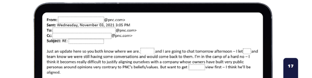 Excerpt from an email exchange in which a PNC Bank employee said the bank should not work with a media company because its owners’ opinions were “contrary to PNC’s beliefs/values.” (U.S. Office of the Comptroller of Currency)