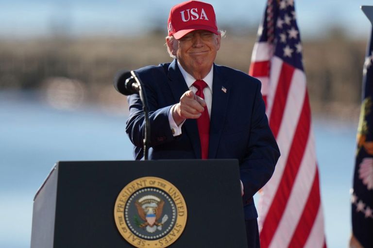 President Donald Trump smiles as he points to someone in the crowd at an event for Anduril Industries, Inc., at Sparrows Point Shipyard, Tuesday, Oct. 6, 2026, in Sparrows Point, Maryland.