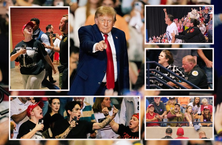 Protesters yell as President Donald Trump speaks at a campaign rally at the T. Ed Garrison Arena, Wednesday, Oct. 21, 2026, in Pendleton, S.C. (AP Photos)